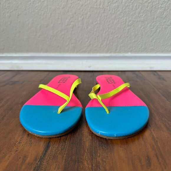 TKEES Neon Tips Flip Flop Sandals Pink Blue Leather Thong - Picture 3 of 9